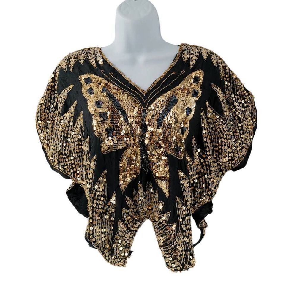Vintage Black Silk Butterfly Top Hand Embellished with Black & Gold Beads/Sequin